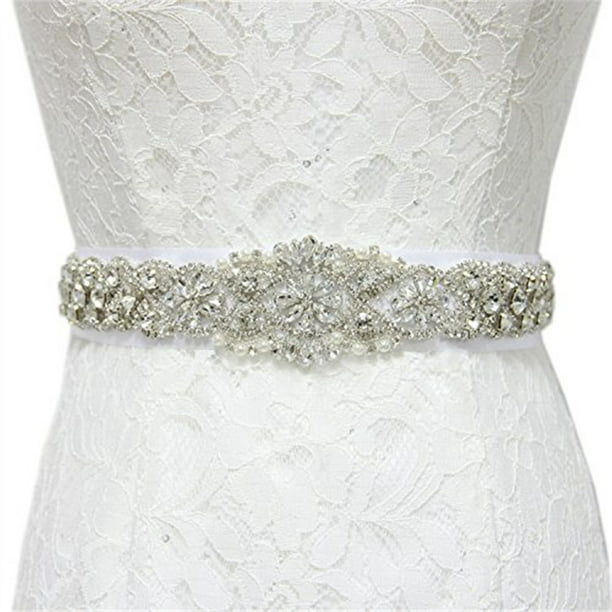 QueenDream Crystal Belt White Satin Bridal Sash Wedding Belt for Bride and Bridesmaid
